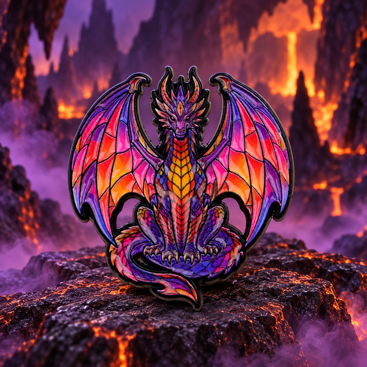 Purple & Flame Dragon Pin on a themed spooky background