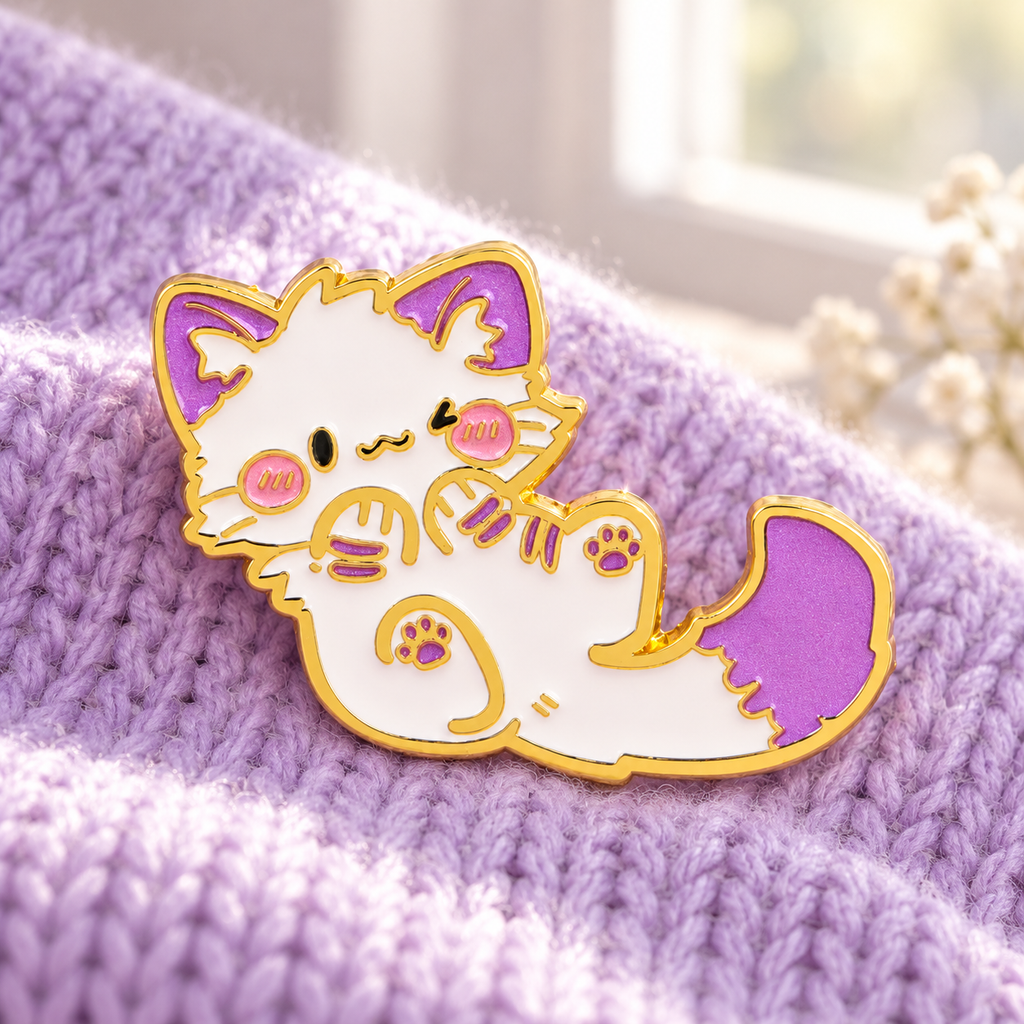 Purple Cat enamel pin on lilac knit