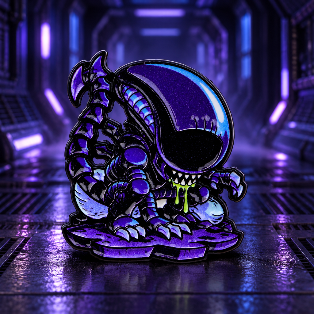 Purple alien enamel pin in a violet starship setting