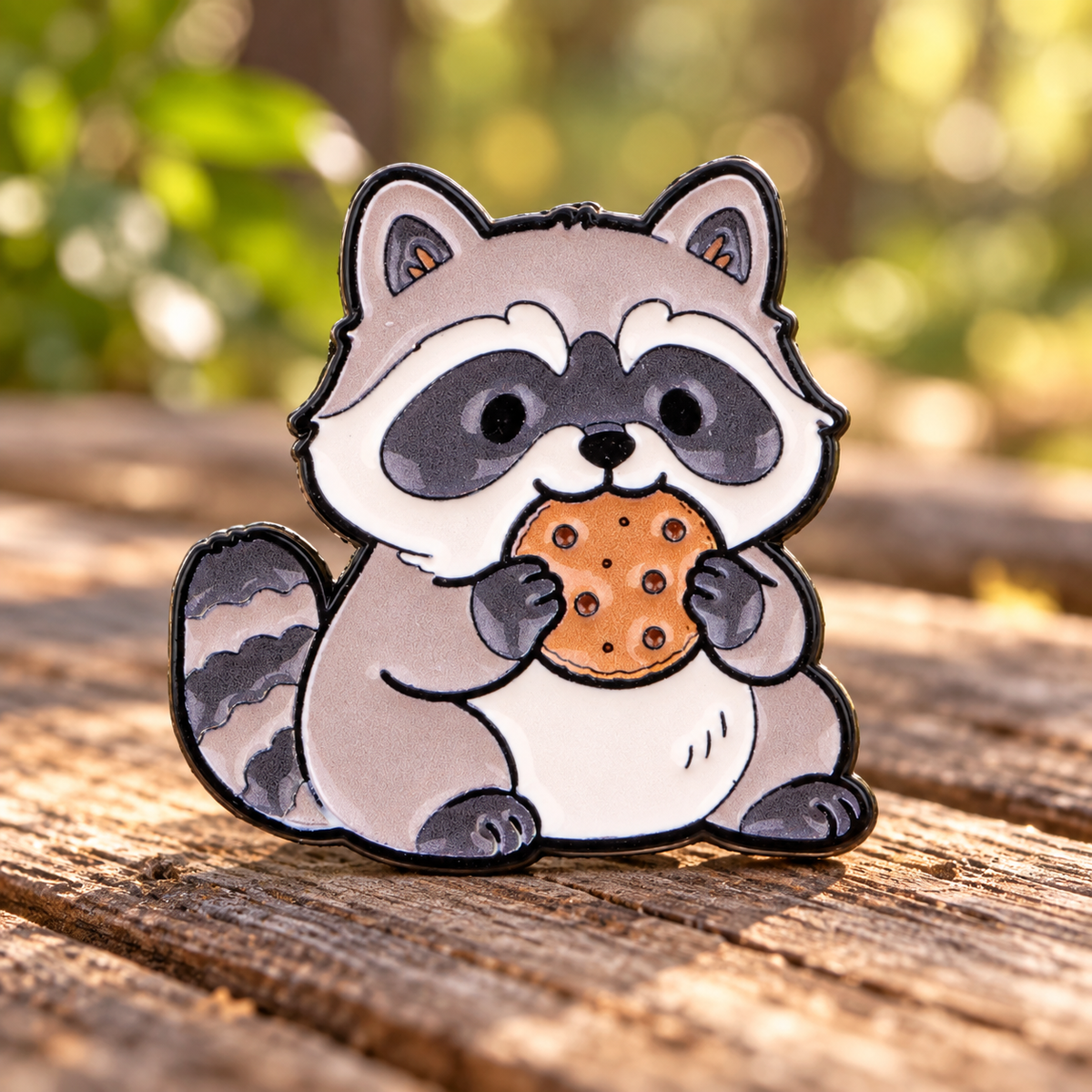 Raccoon Eating a Cookie enamel pin on a woodland picnic table