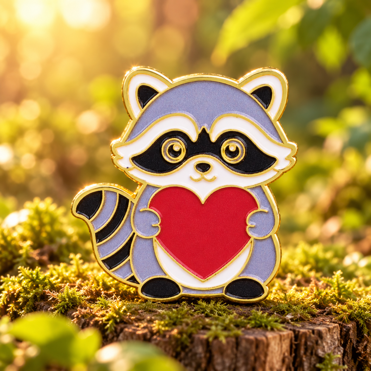 Raccoon Holding a Red Heart enamel pin in a woodland setting