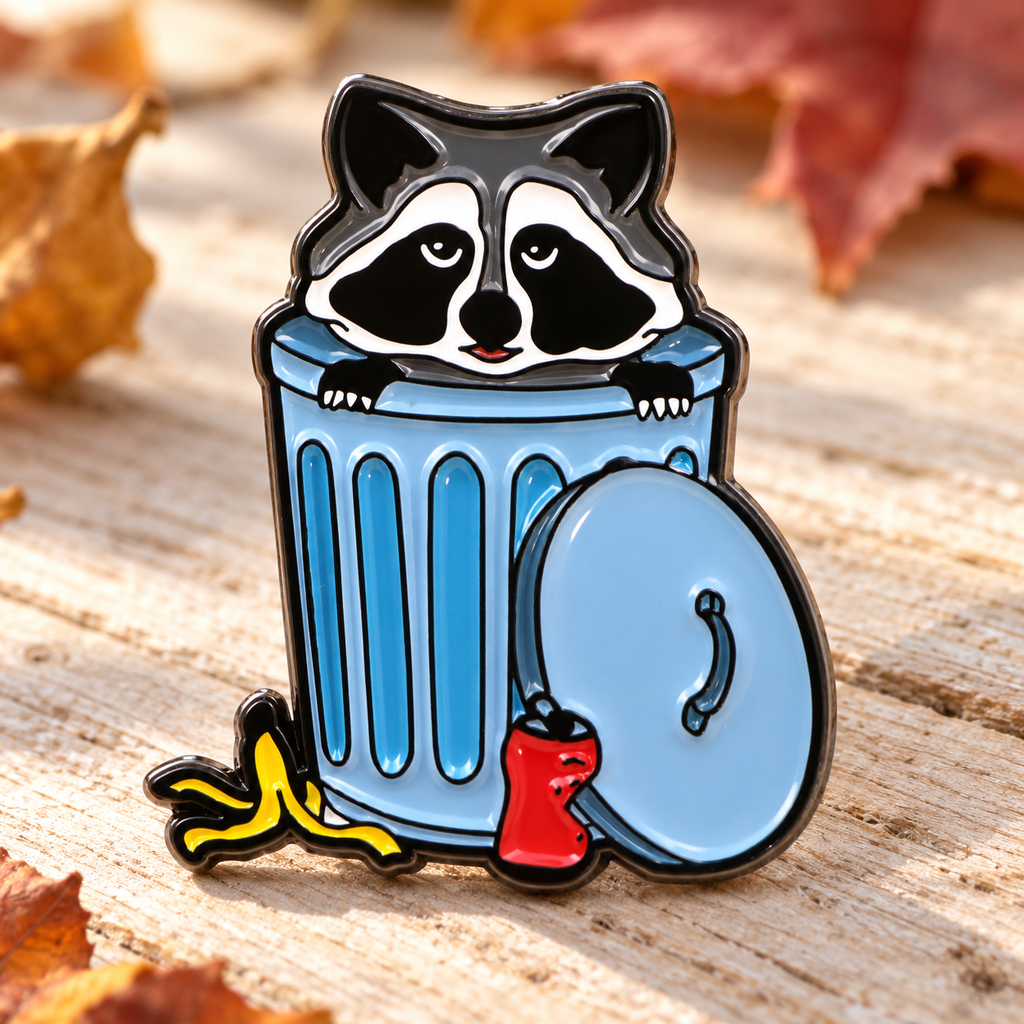 Raccoon Trash enamel pin on rustic wooden surface