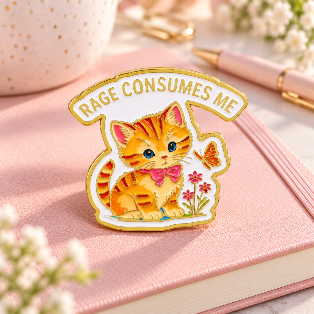 Rage Consumes Me cat enamel pin on a pink notebook