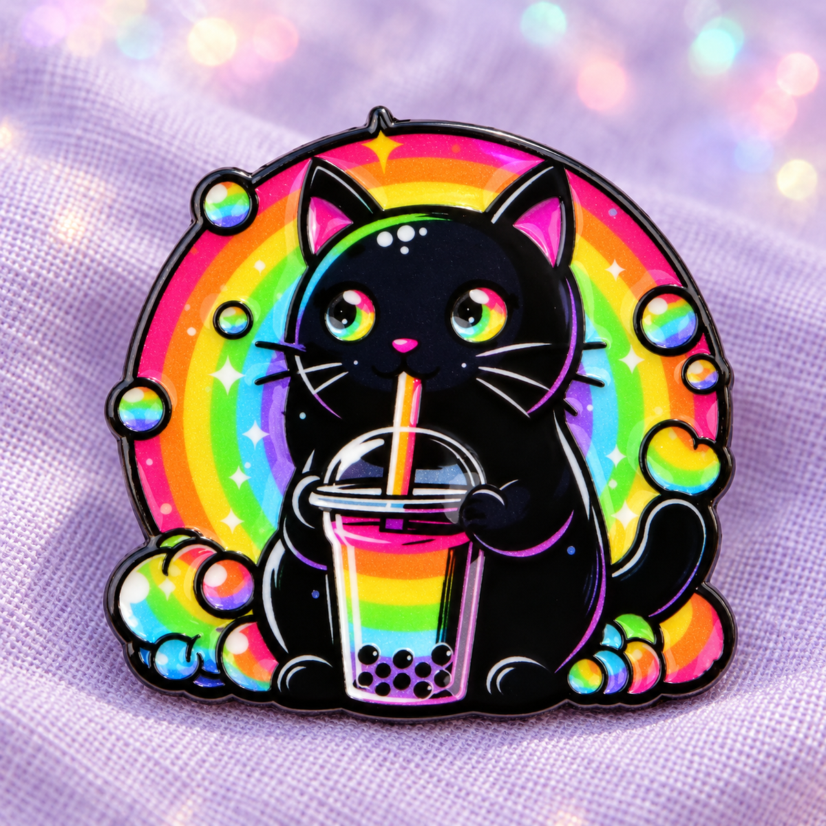 Rainbow Cat Boba Tea enamel pin on lavender linen