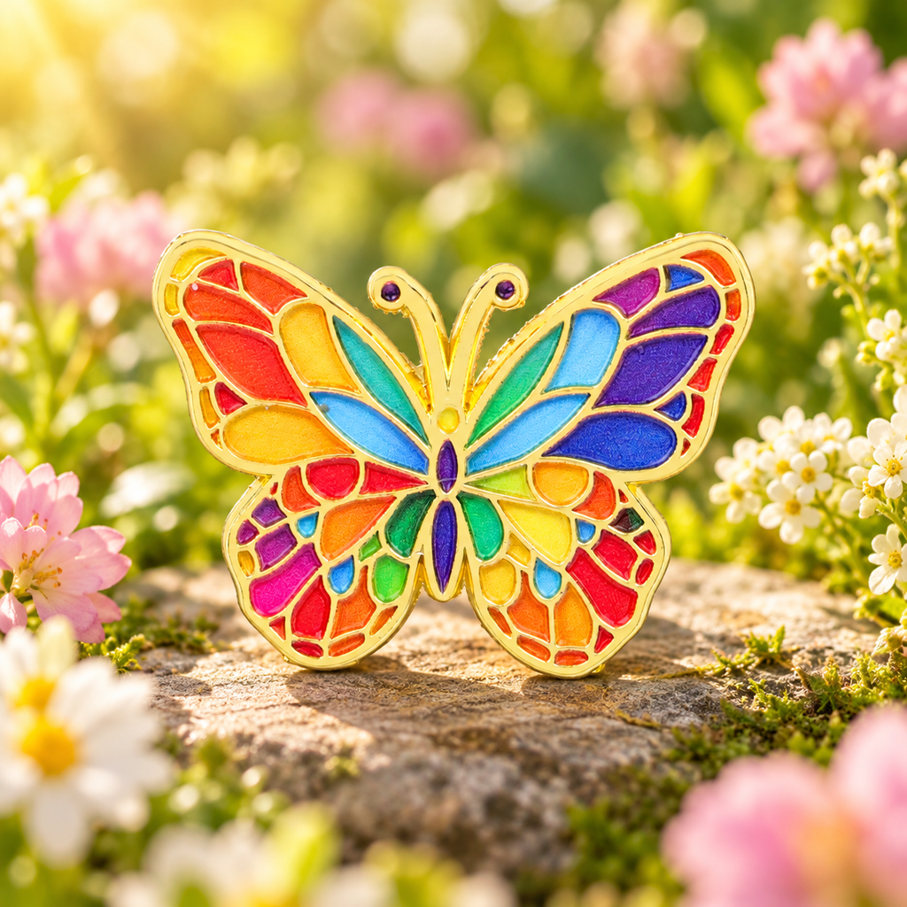 Rainbow Mosaic Butterfly Pin on a sunlit spring garden background