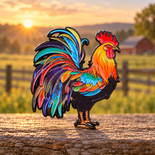 Colourful Rainbow Rooster enamel pin at sunrise on a farm