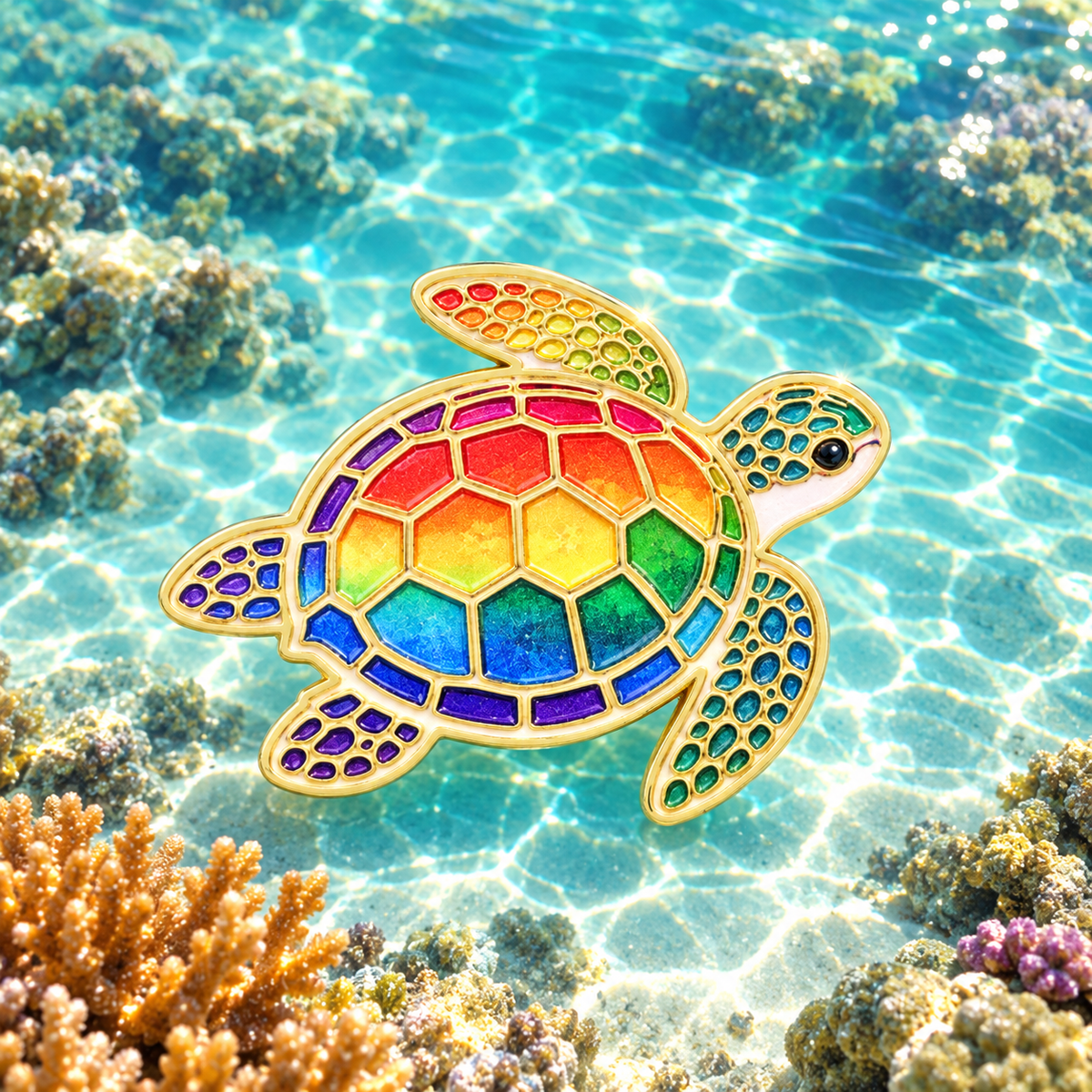 Rainbow Sea Turtle Pin over a tropical coral reef