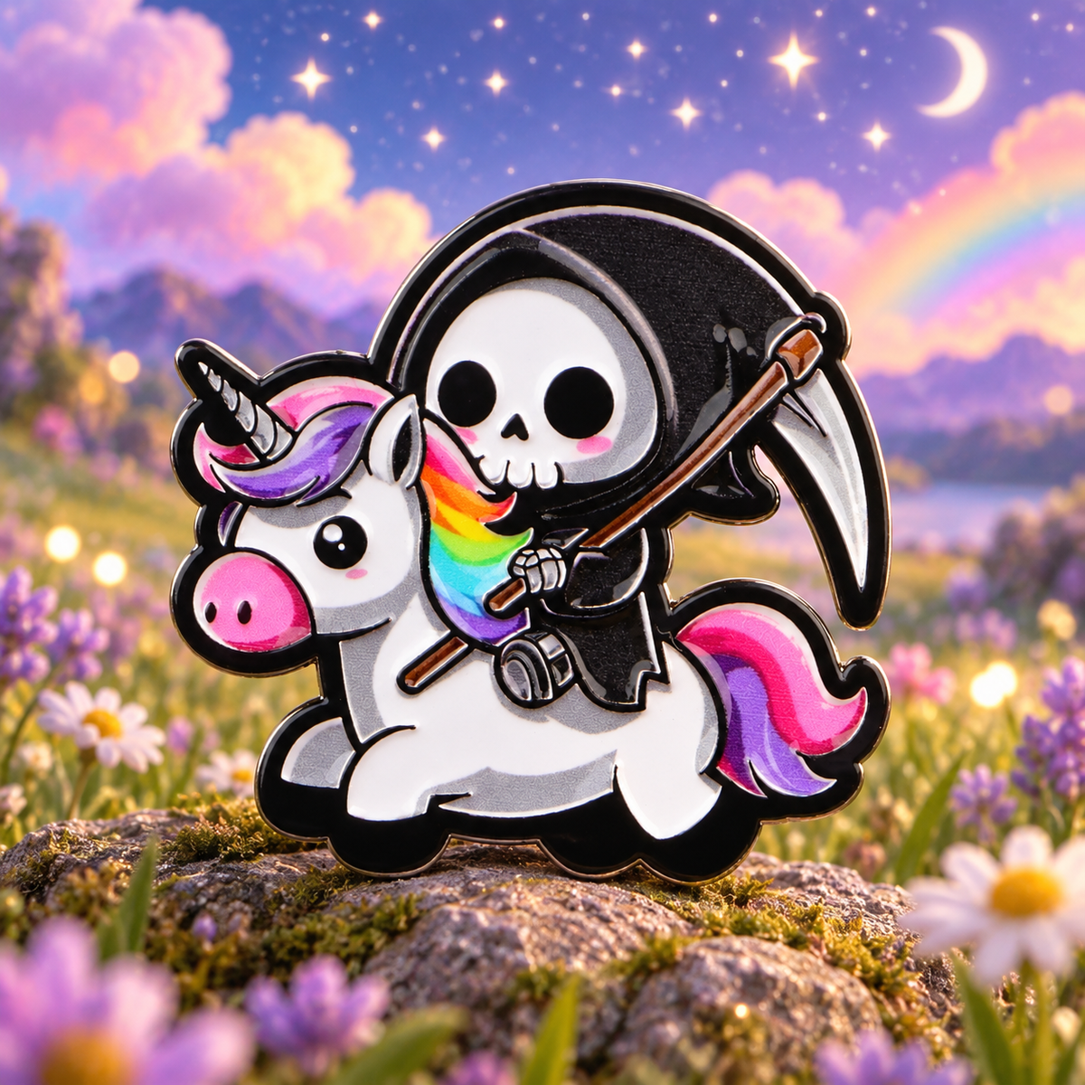Reaper Riding a Unicorn Pin enamel pin on a themed background