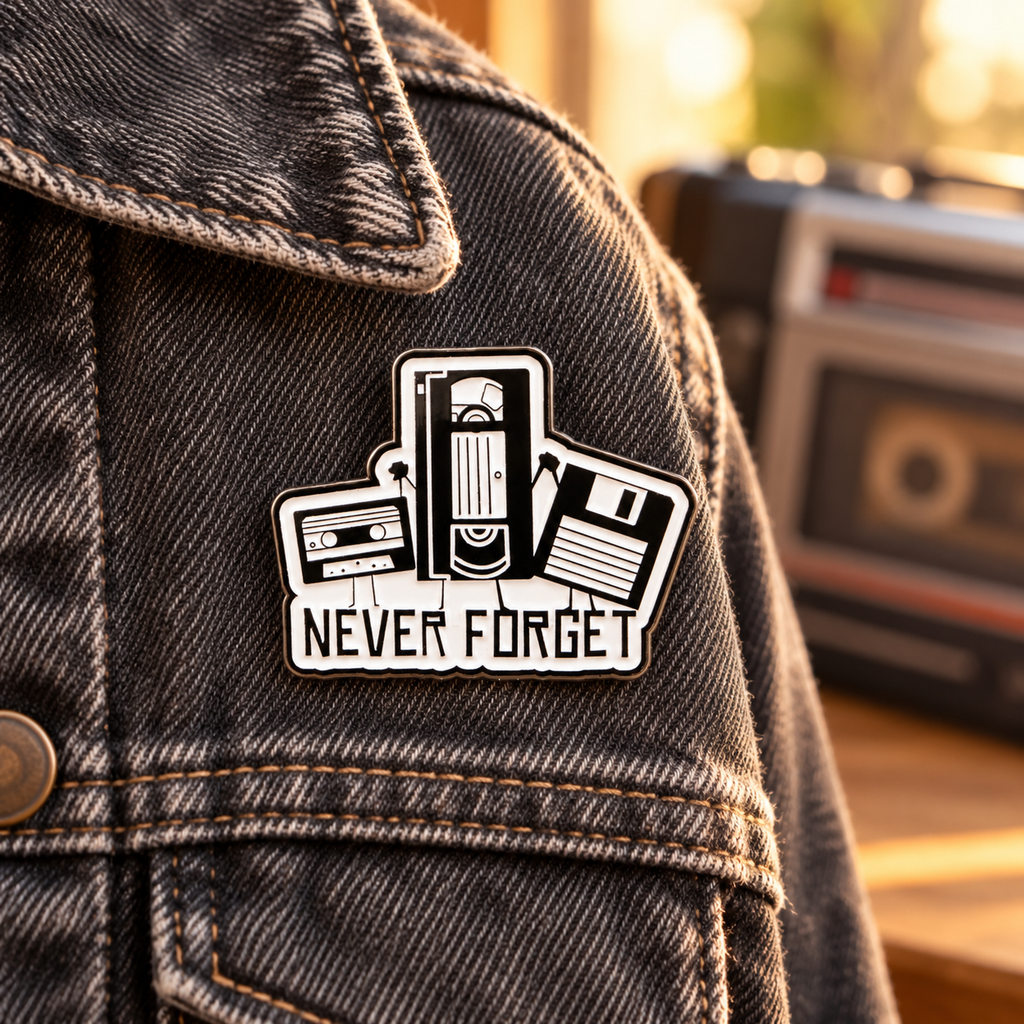Retro tape Never Forget enamel pin on charcoal denim