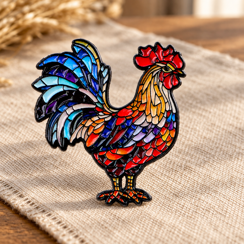 Colorful Rooster Pin on farmhouse linen