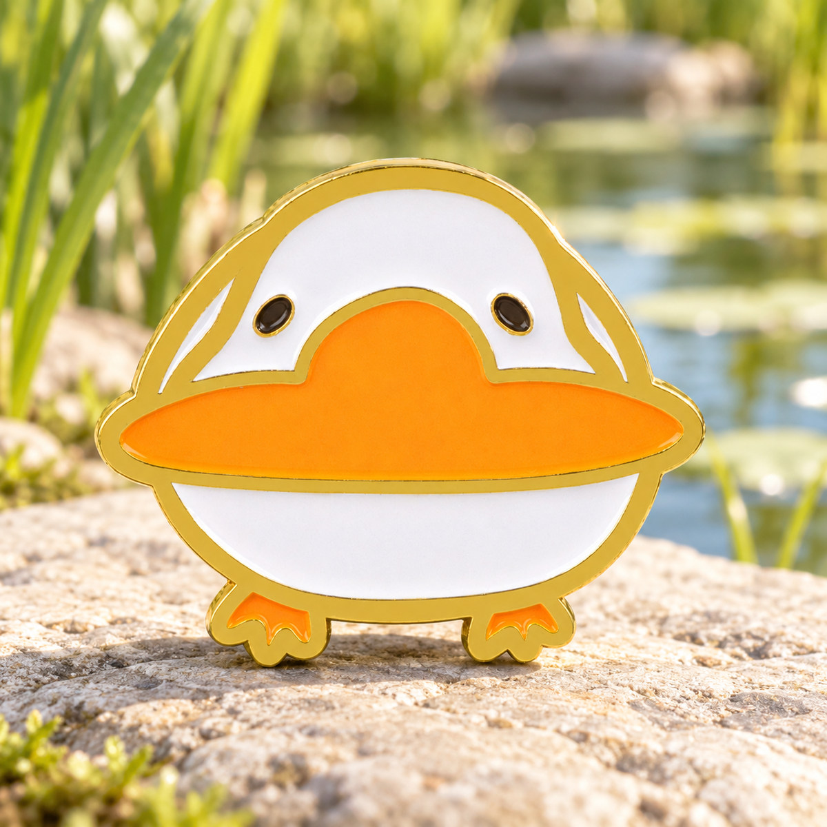 Round White Duck Pin by a spring pond