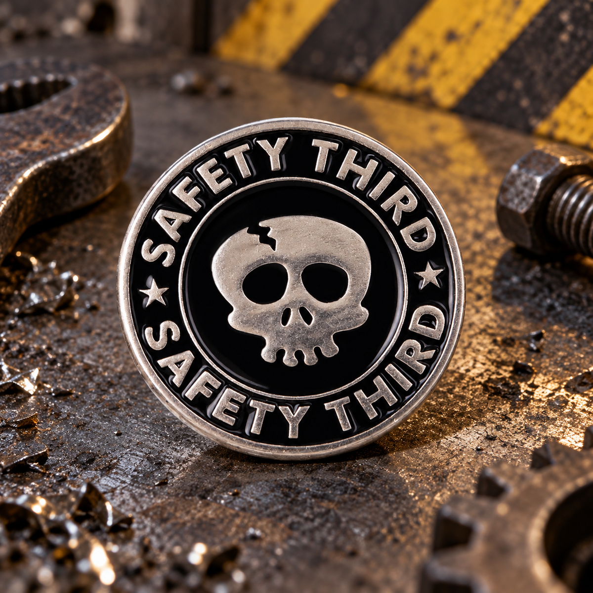 Safety Third Skull Pin enamel pin on a themed background