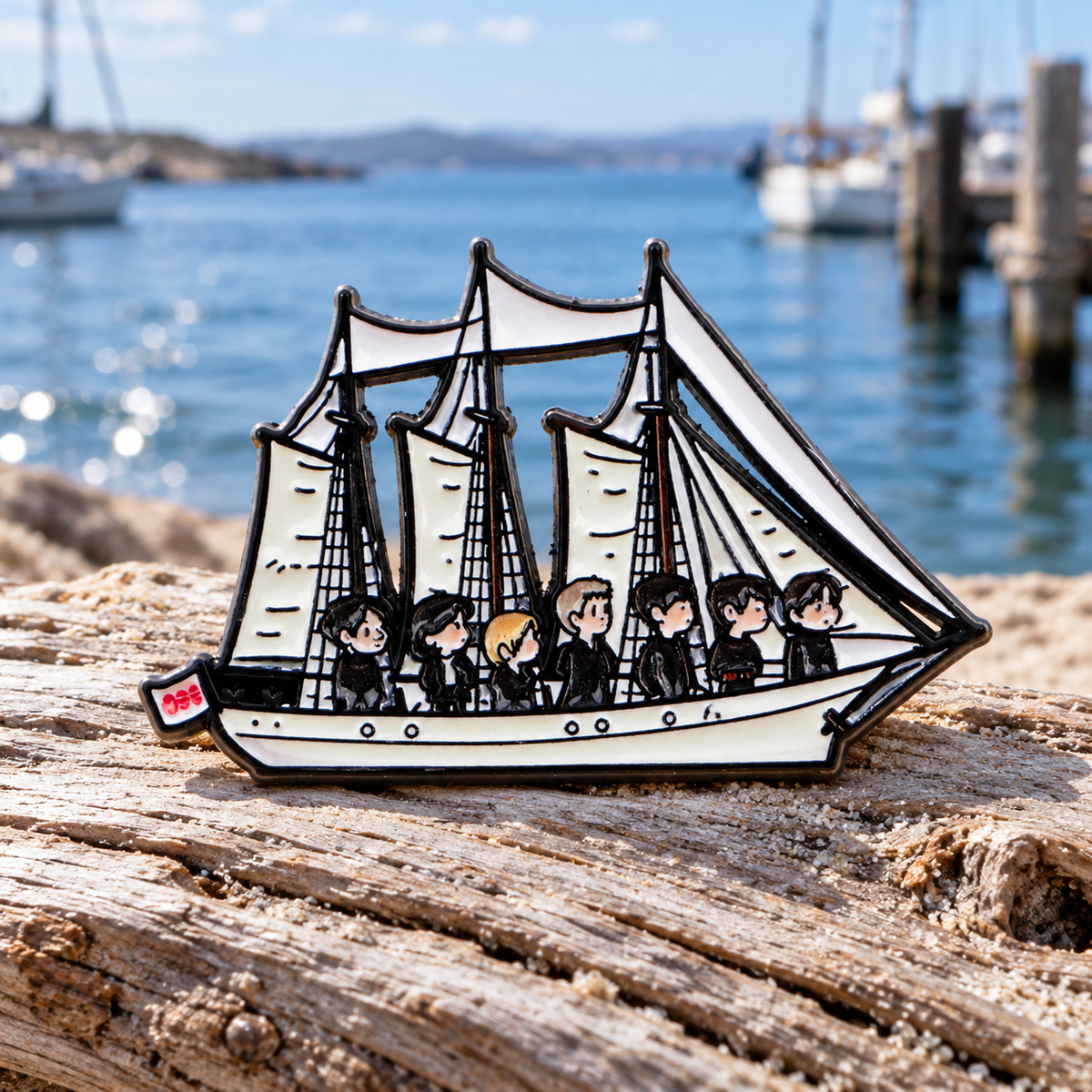Sailing Ship & Crew Pin on a harbor backdrop