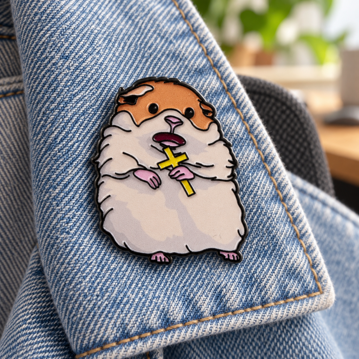 Screaming hamster enamel pin on a denim jacket lapel
