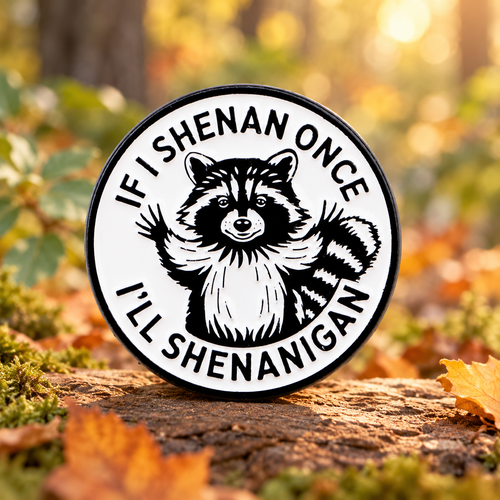 If I Shenan Once I'll Shenanigan raccoon enamel pin in an autumn woodland