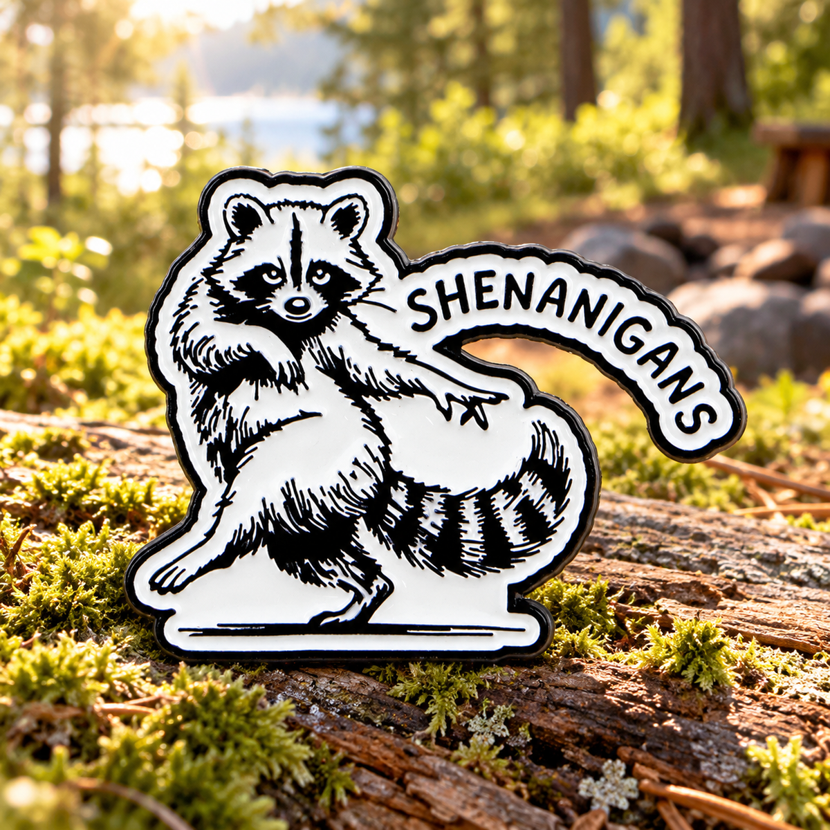 Shenanigans raccoon enamel pin on a mossy woodland log