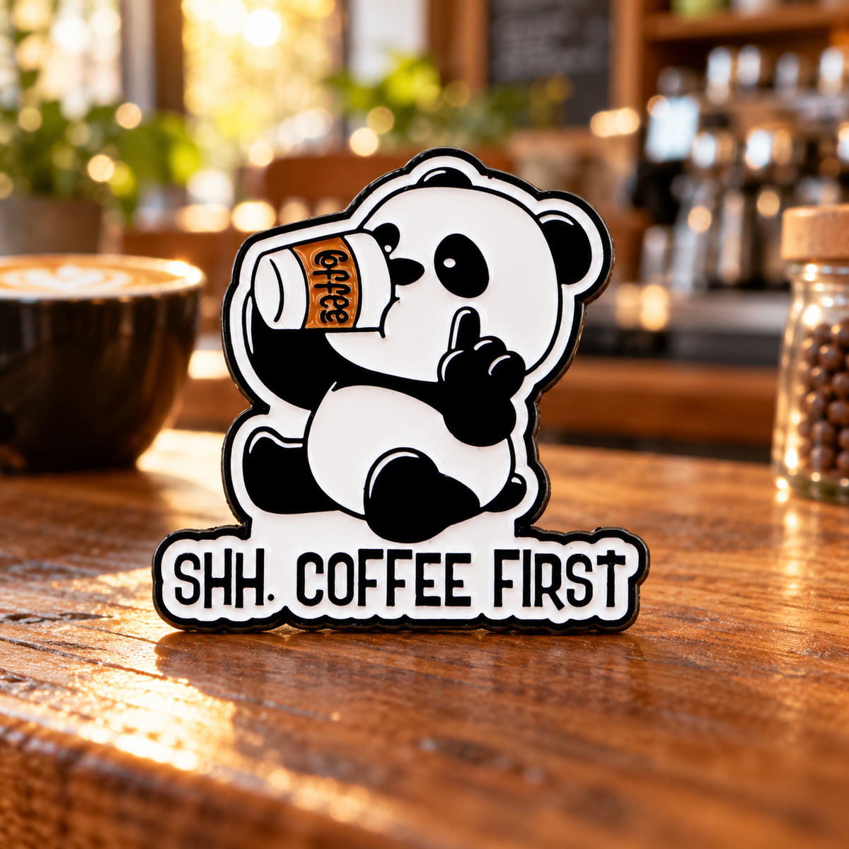 Shh. Coffee First Panda Pin on a cozy cafe counter