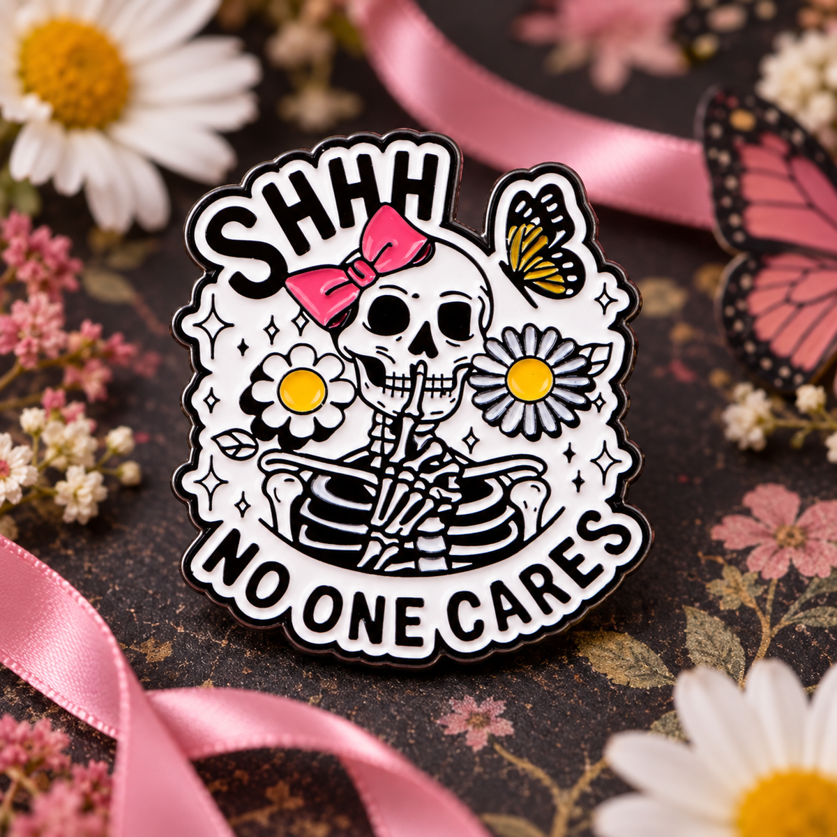Shhh No One Cares Skeleton Pin enamel pin on a themed background