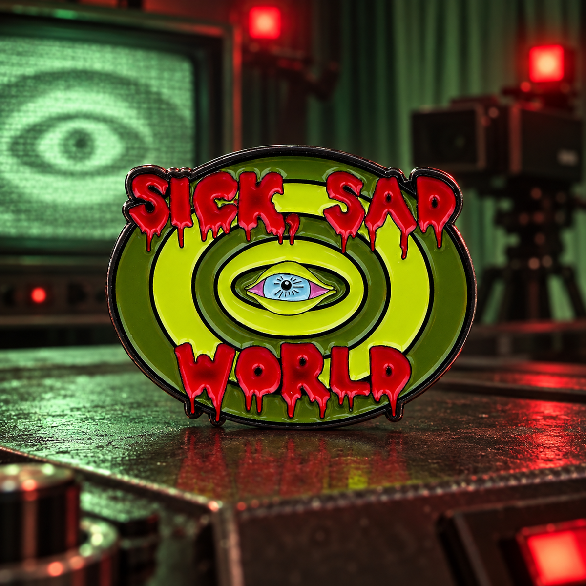 Sick Sad World Pin on a themed spooky background
