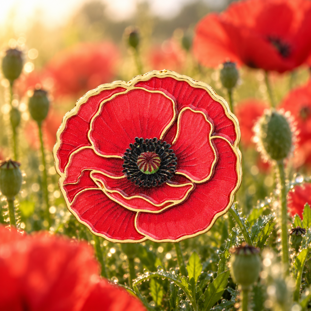 Single Red Poppy Bloom Pin in a sunlit poppy meadow