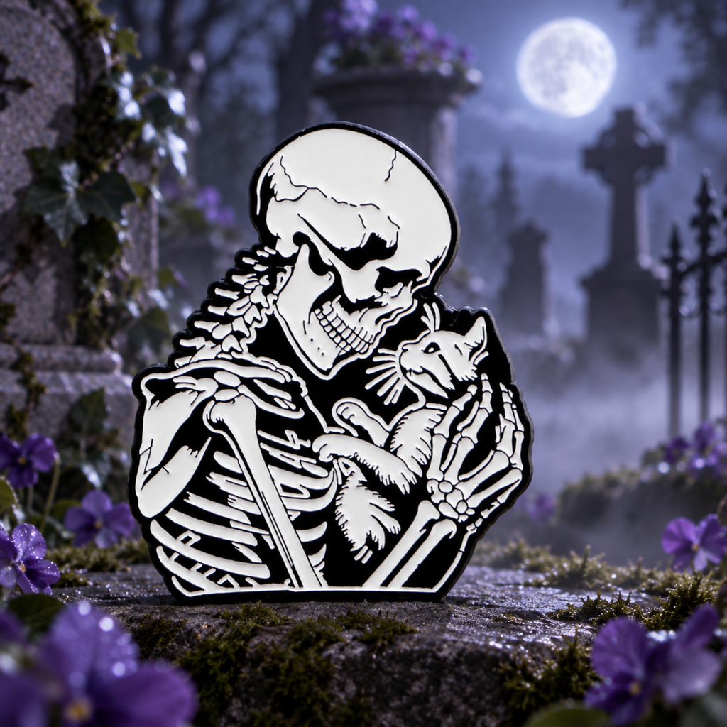 Skeleton Hugging a Cat Pin on a themed spooky background