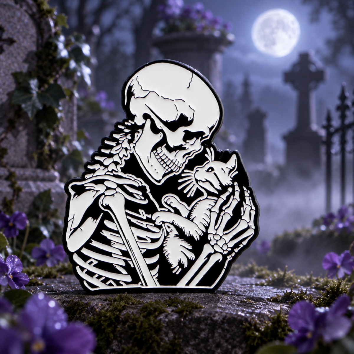Skeleton Hugging a Cat Pin on a themed spooky background