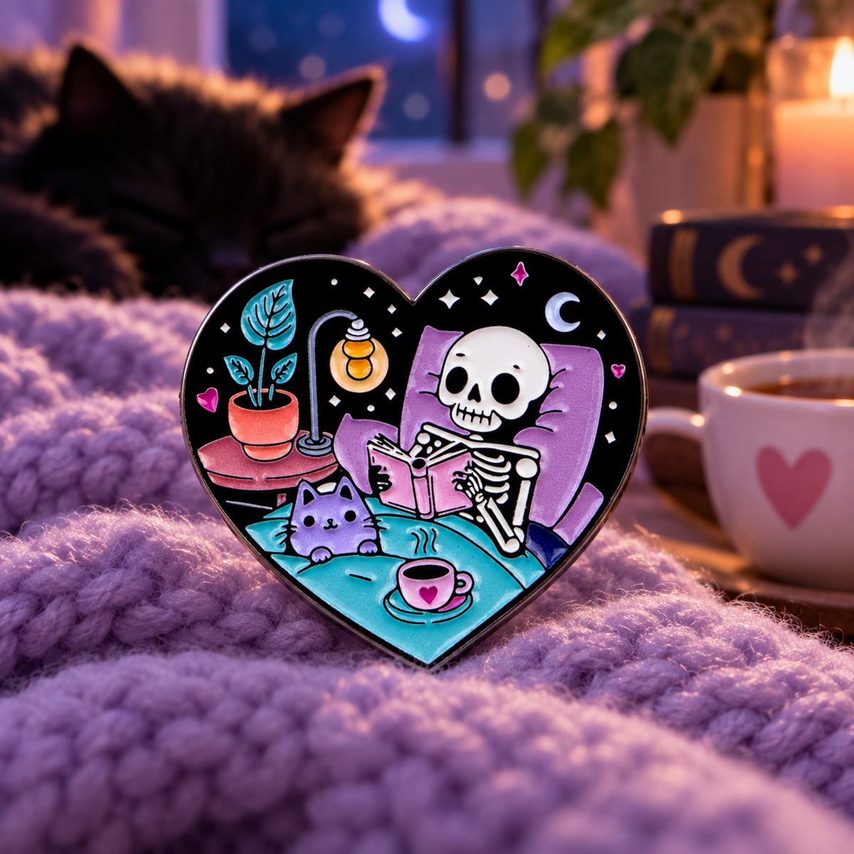 Skeleton Reading with a Cat Heart Pin on a themed spooky background