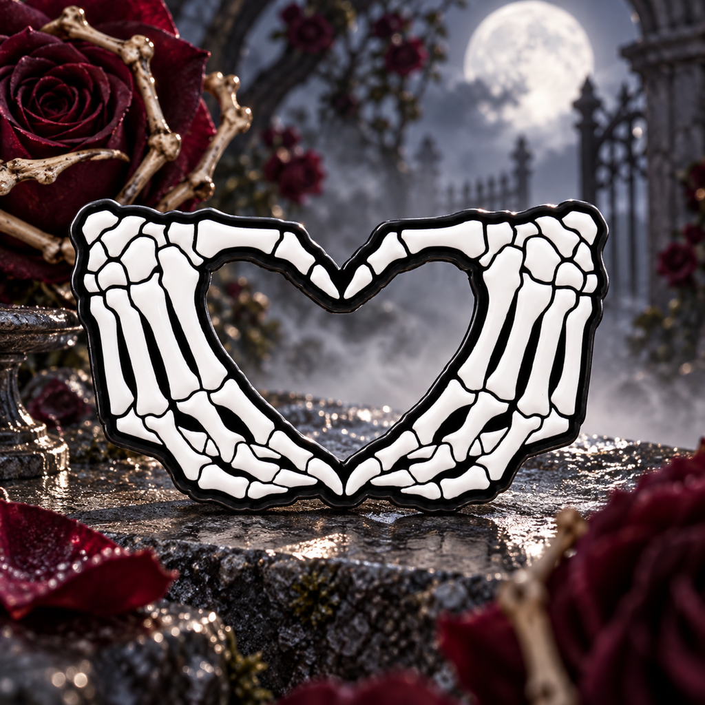 Skeletons Couple Heart Pin enamel pin on a themed background