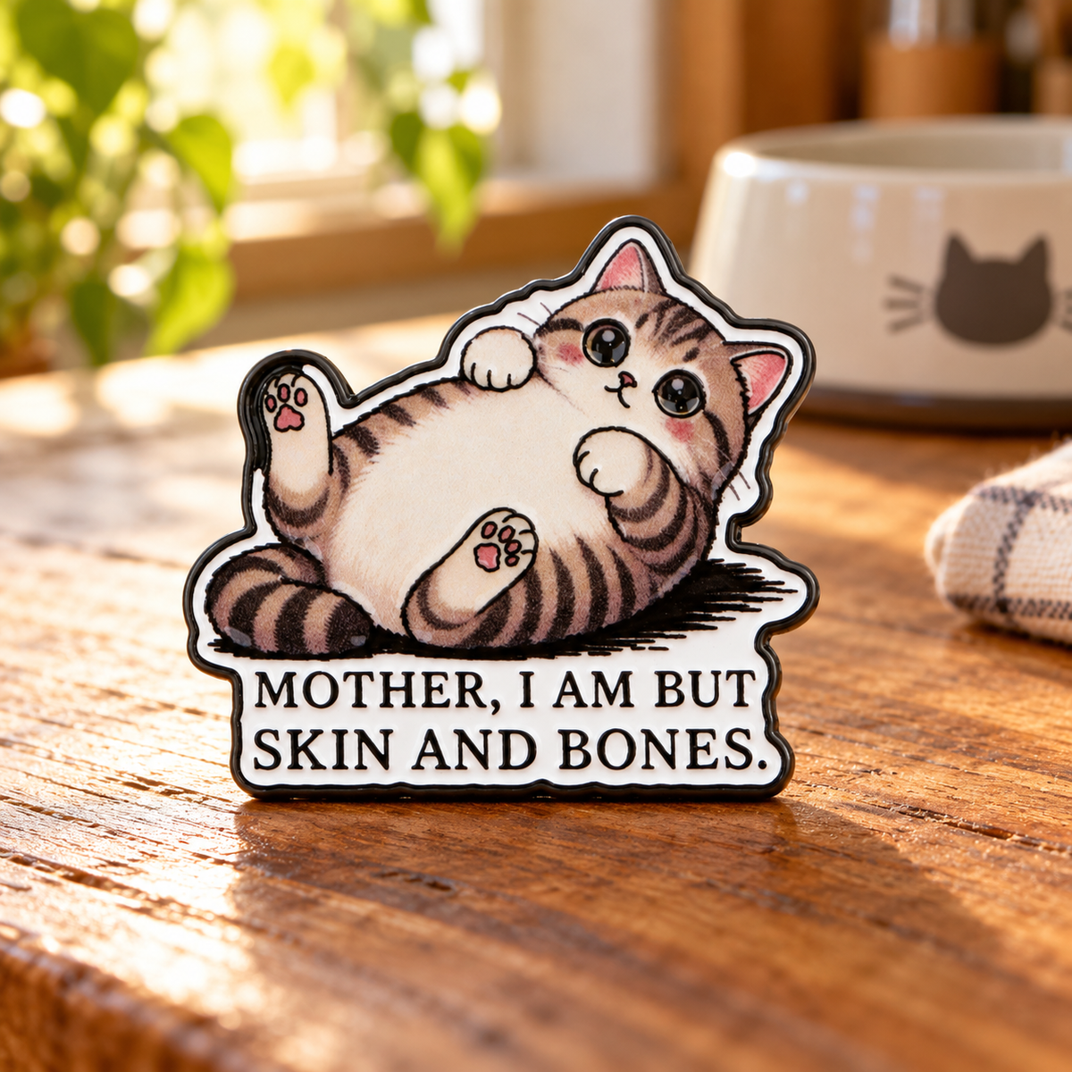 Mother, I Am But Skin and Bones Cat Pin on a cozy kitchen table
