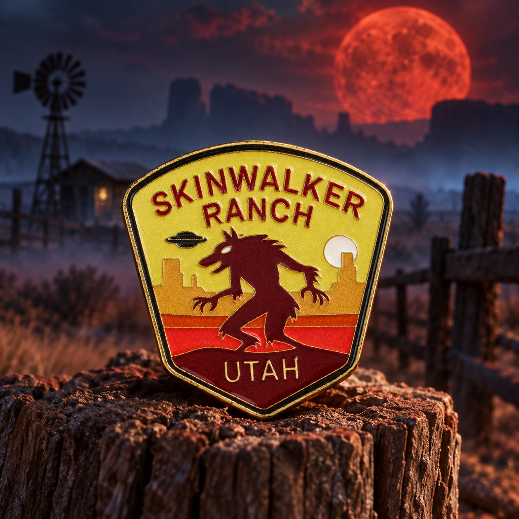 Skinwalker Ranch Utah Pin on a themed spooky background