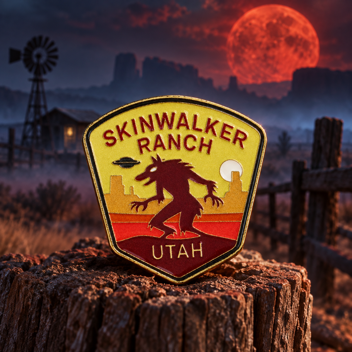 Skinwalker Ranch Utah Pin on a themed spooky background