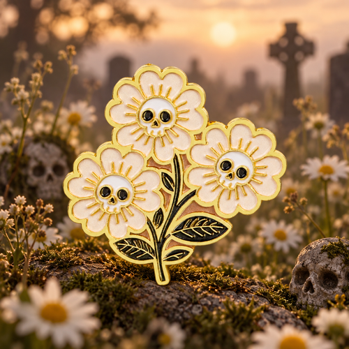 Skull Daisy Bouquet Pin on a themed spooky background