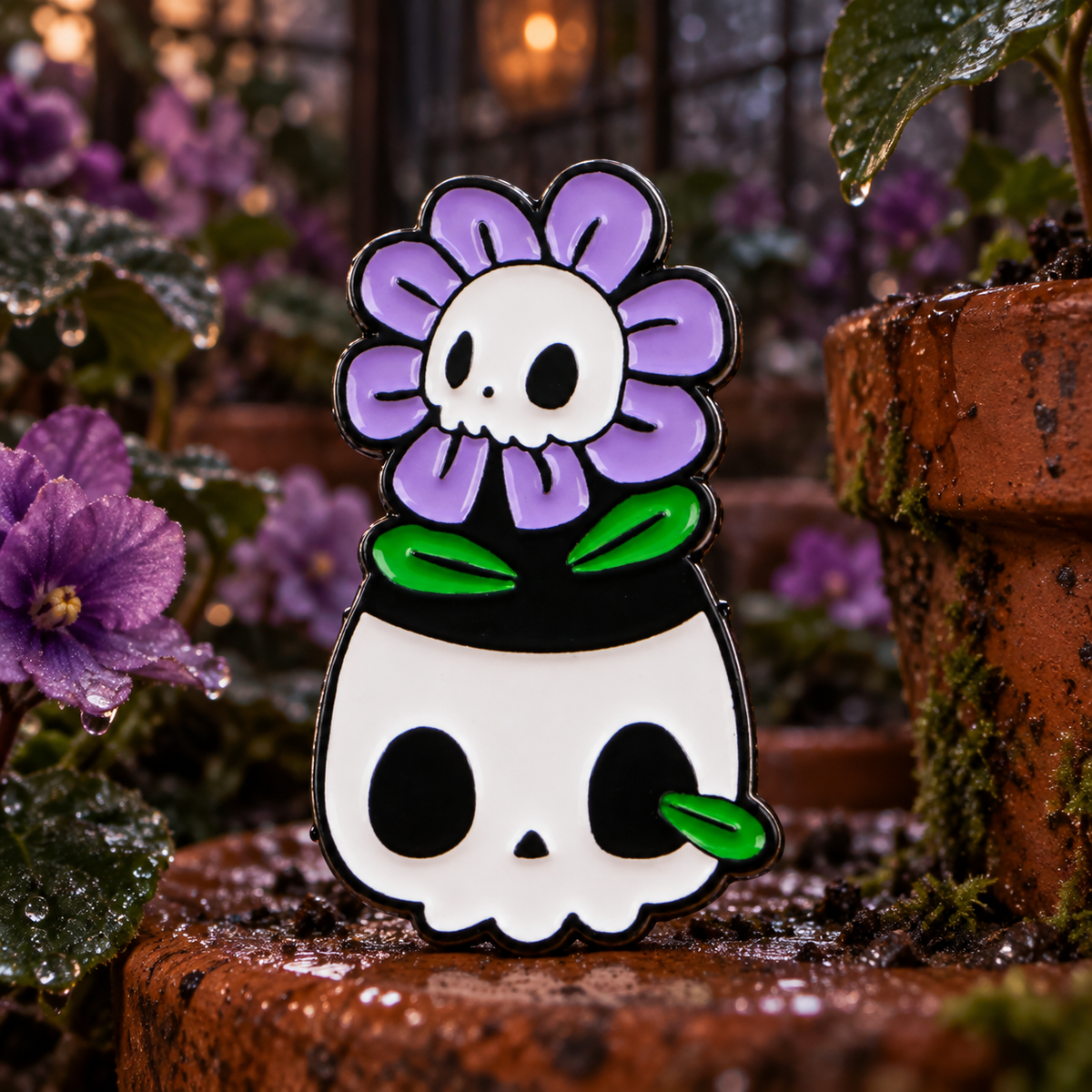 Skull Planter Pin enamel pin on a themed background