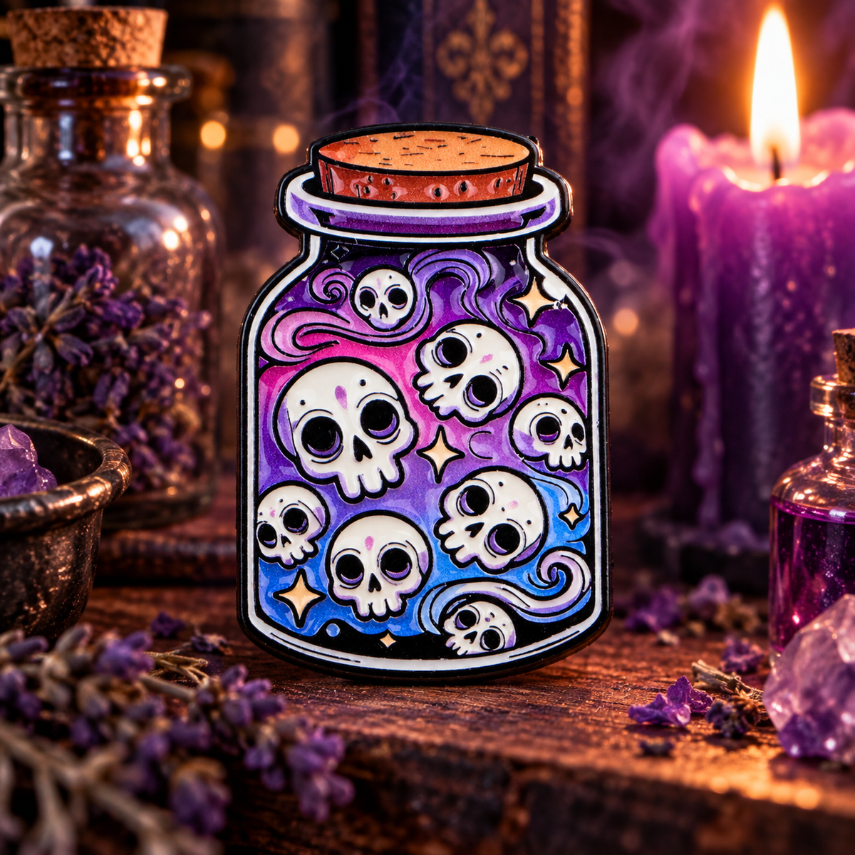Skull Potion Pin enamel pin on a themed background