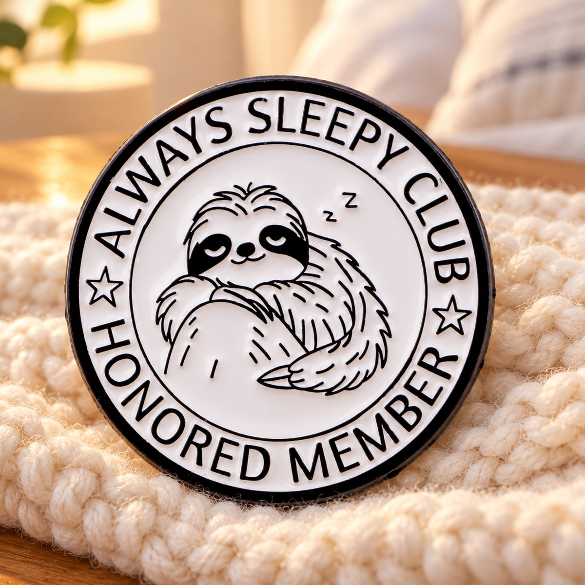Always Sleepy Club Honored Member Pin on cream knit
