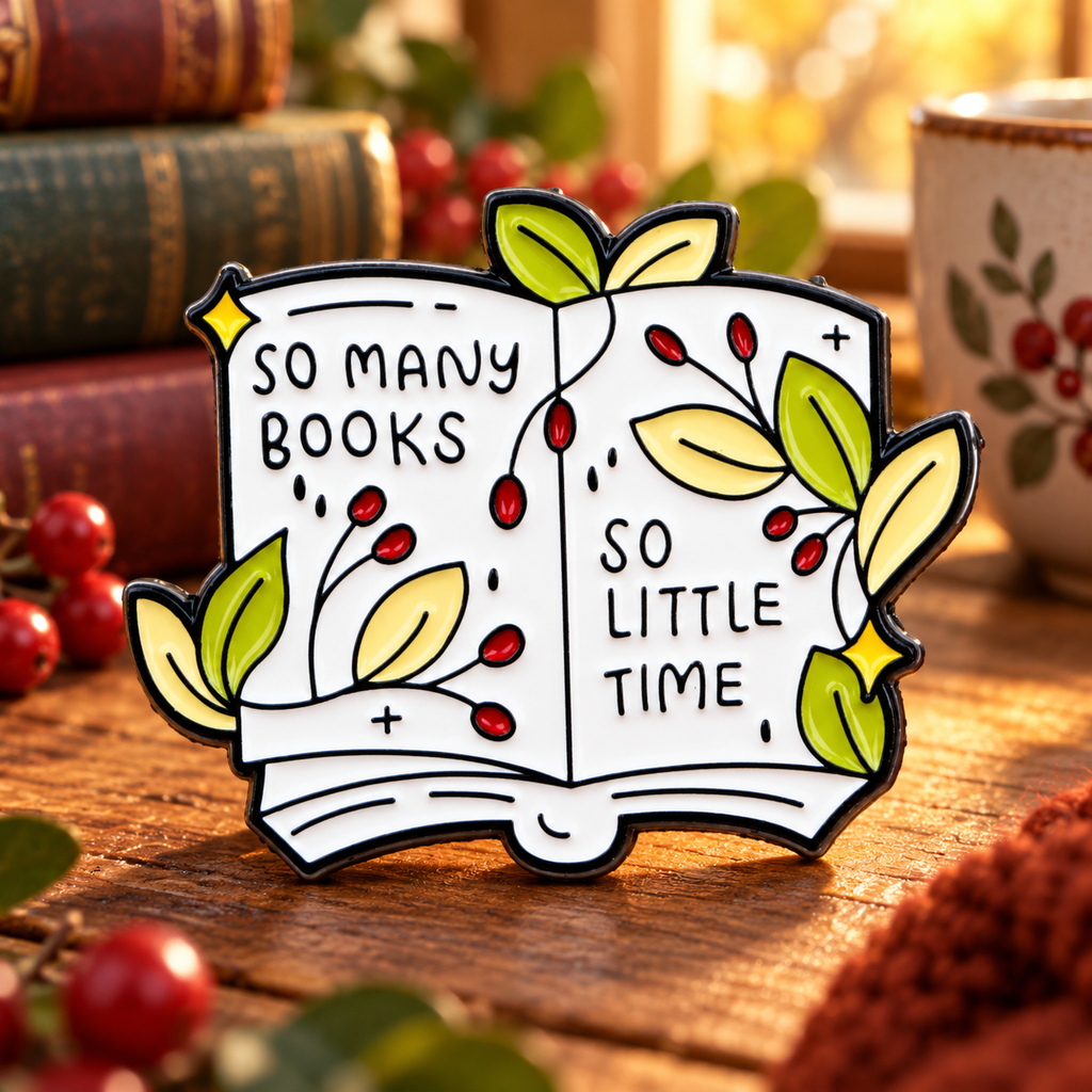 So Many Books So Little Time enamel pin in a warm autumn reading nook