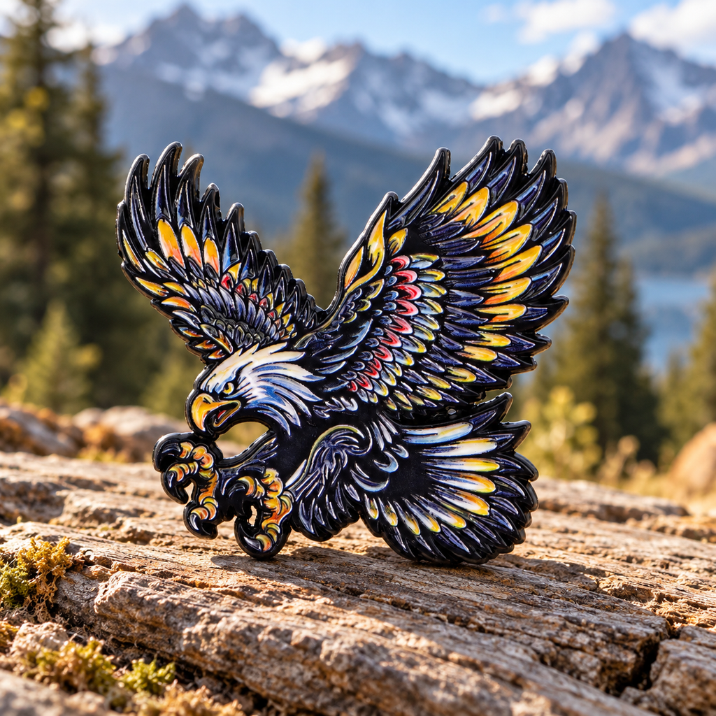 Dark and gold soaring eagle enamel pin in a mountain forest setting