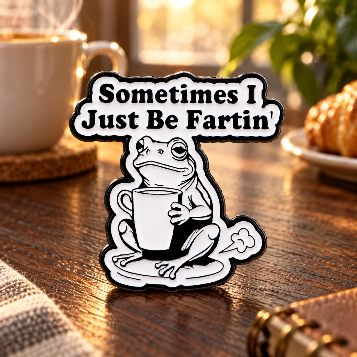 Sometimes I Just Be Fartin' Coffee Frog enamel pin on a warm café table