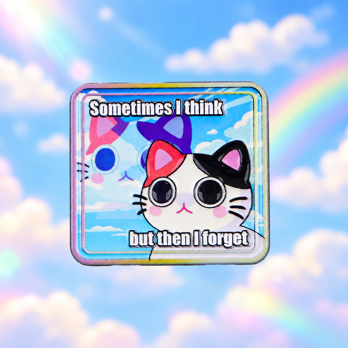 Sometimes I Think but Then I Forget cat pin against a dreamy pastel sky