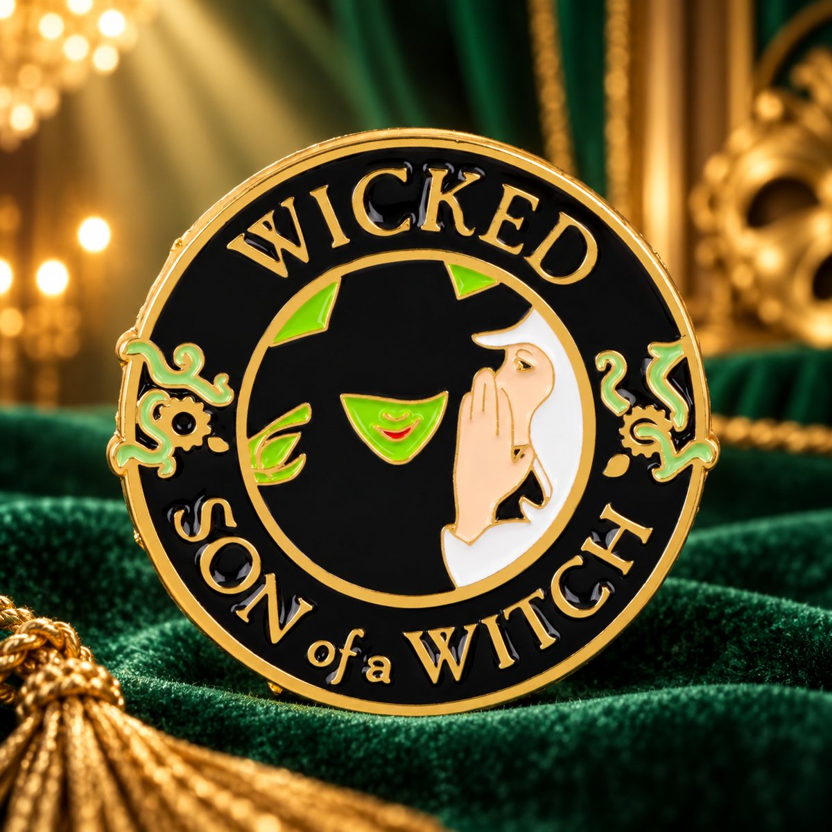 Son Of A Witch Wicked Pin enamel pin on a themed background