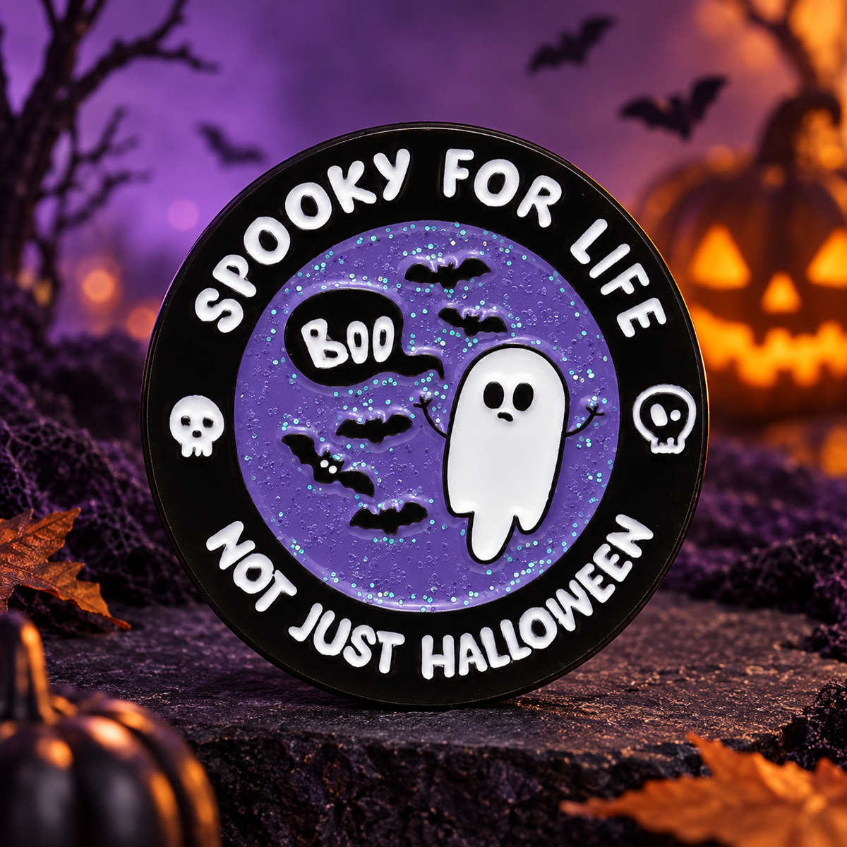 Spooky for Life Ghost Pin — styled product photo