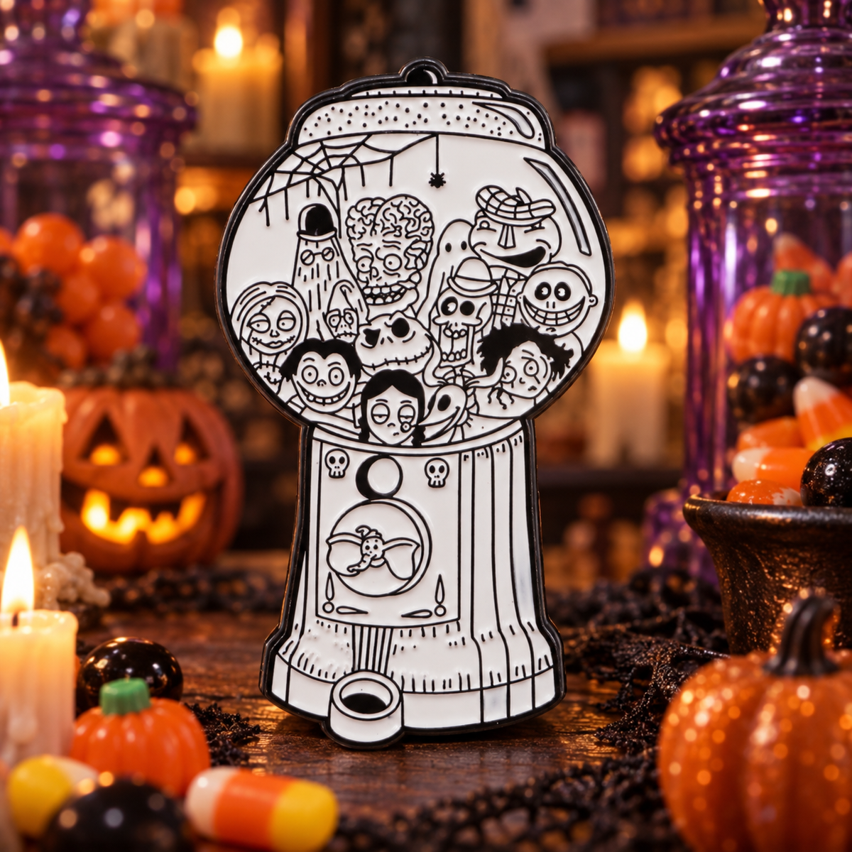 Spooky Gumball Machine Pin enamel pin on a themed background