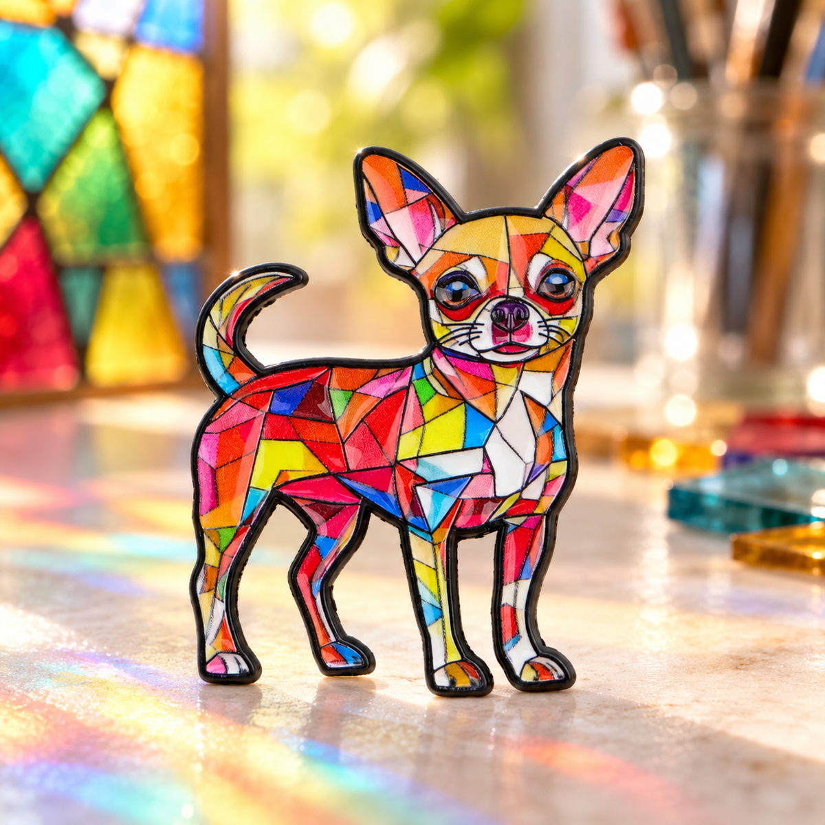 Geometric Stained Glass Chihuahua enamel pin in a sunlit art studio