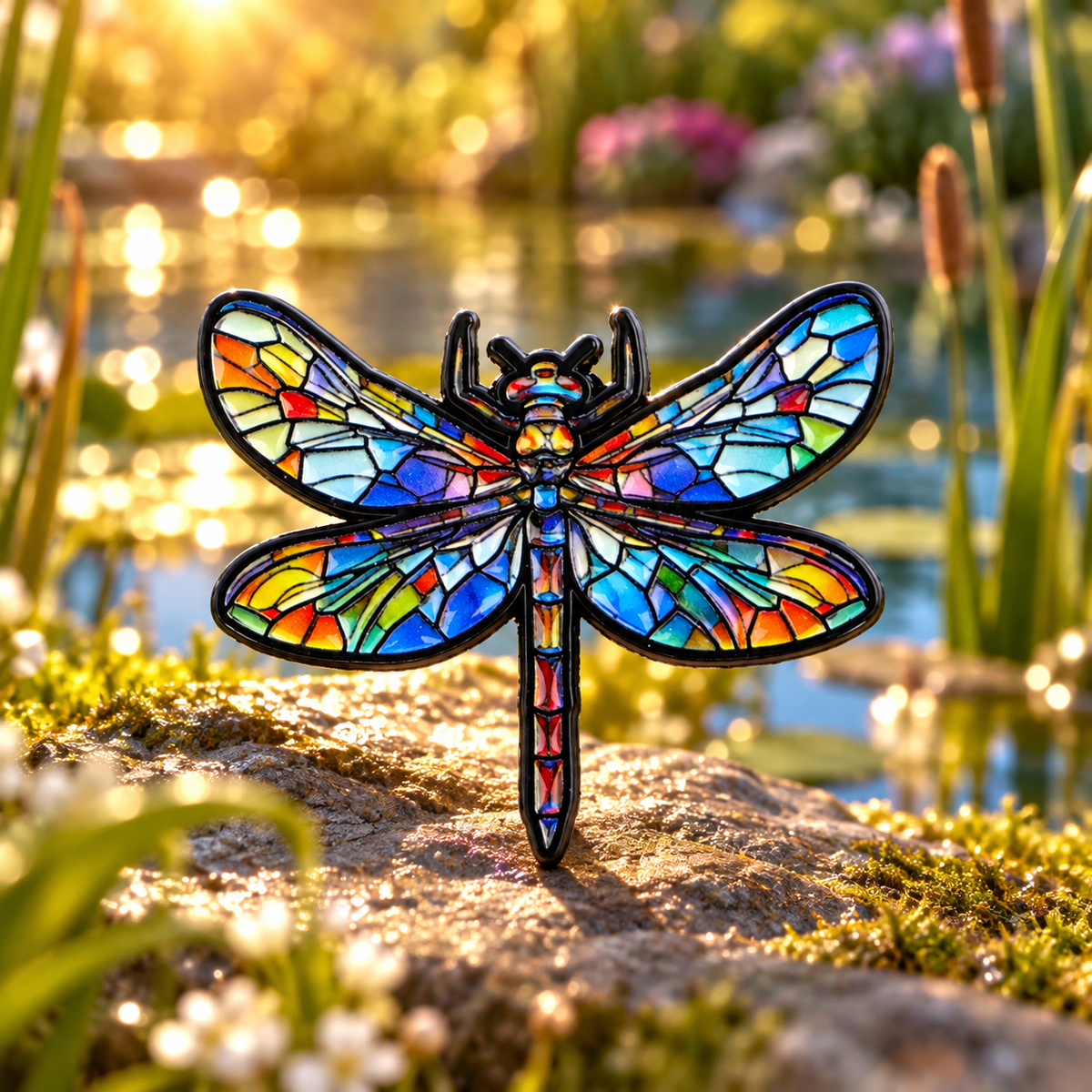 Stained glass dragonfly pin beside a sunlit pond