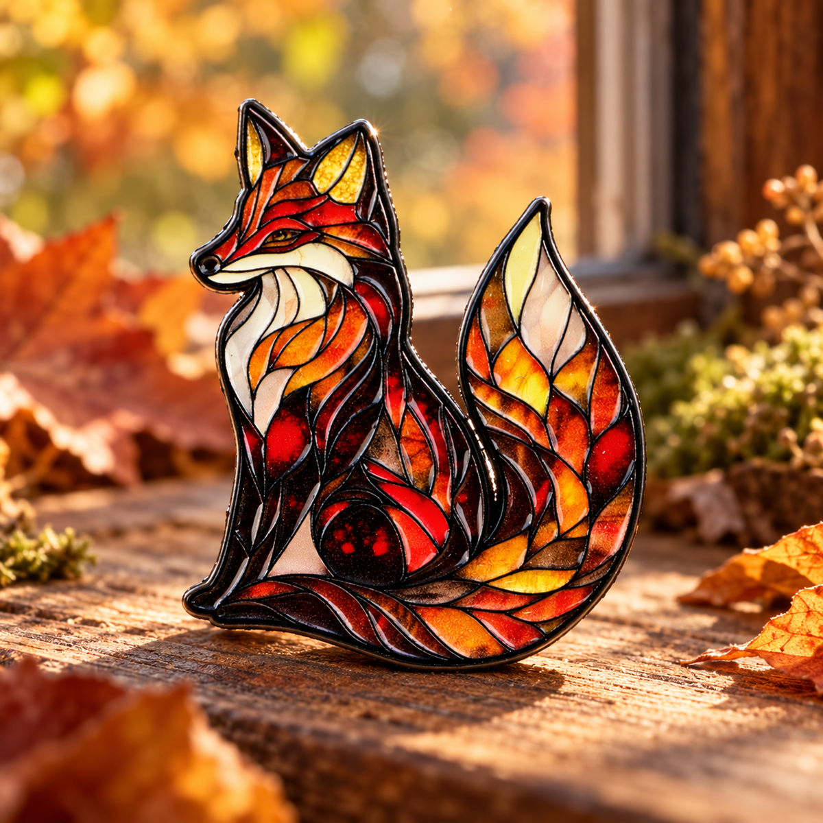 Stained glass fox pin in a warm autumn woodland setting
