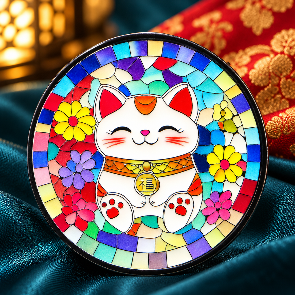 Stained glass Japanese Lucky Cat enamel pin on teal silk
