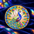 Stained Glass Peacock Pin on midnight-blue velvet