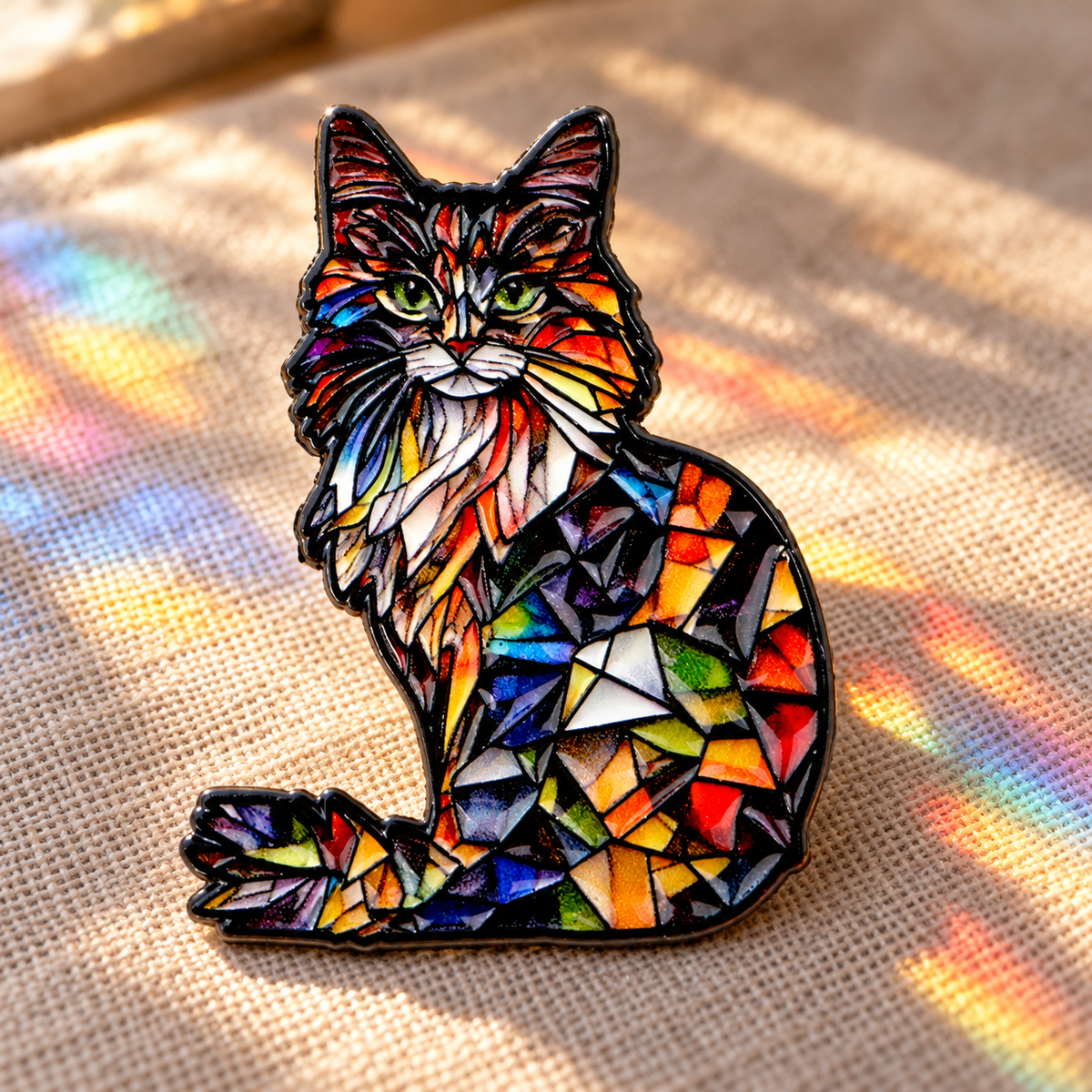 Stained Glass Style Cat Pin on warm linen with colored light