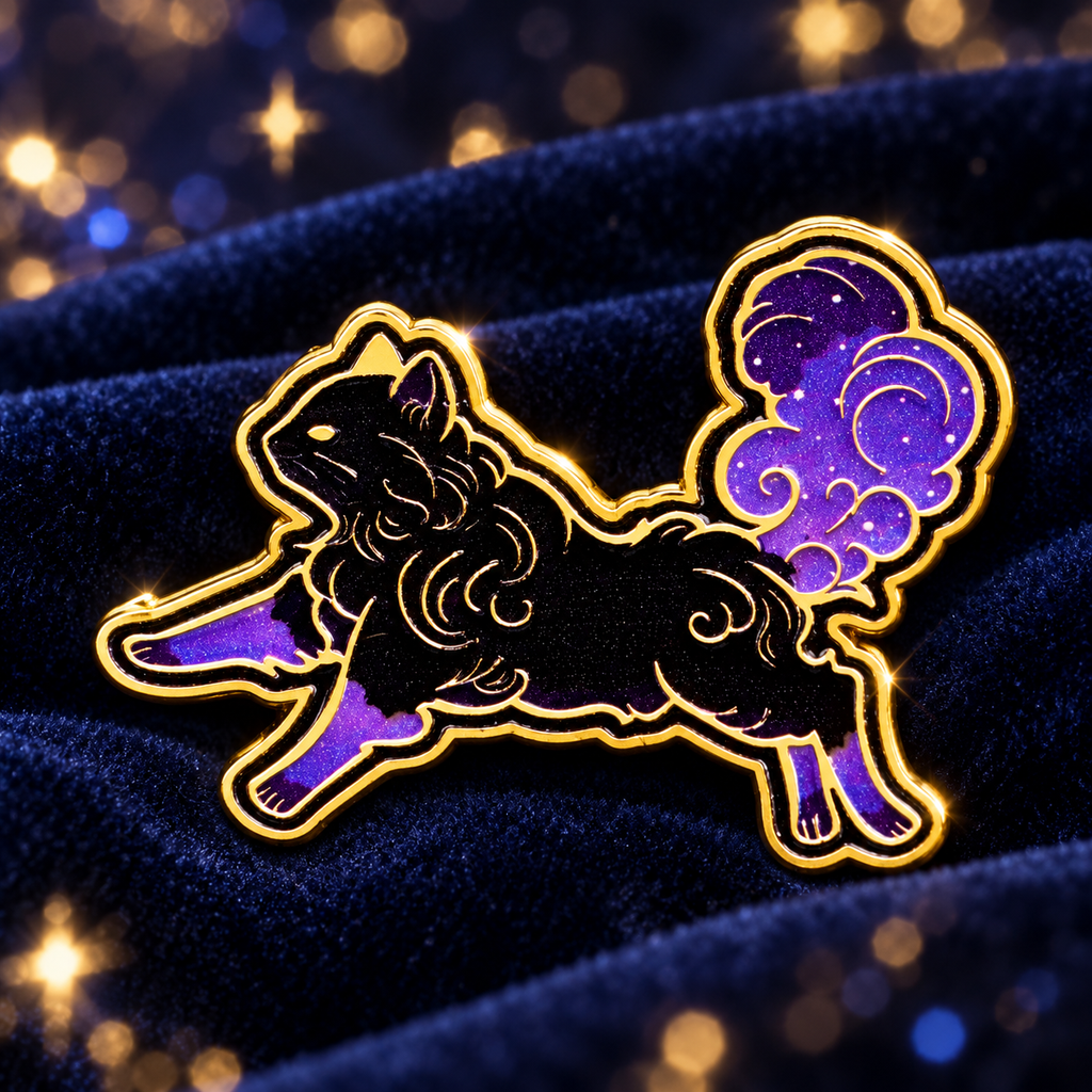 Stardust the Galaxy Cat enamel pin on midnight velvet