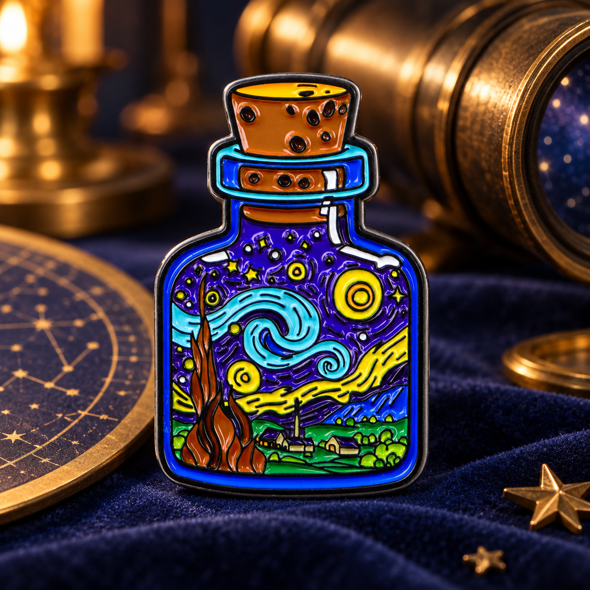 Starry Night in a Bottle enamel pin on navy velvet
